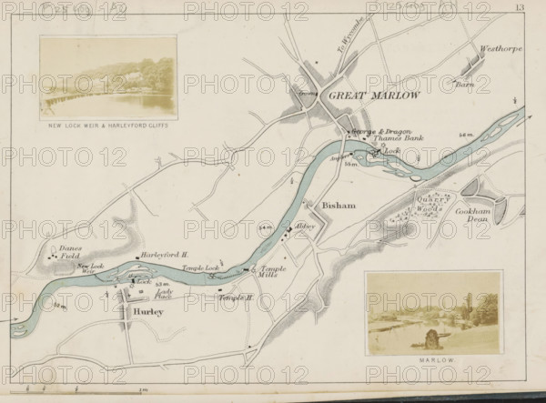 View of a weir in the Thames near Hurley, New Lock weir and Harleyford cliffs, photograph, page, photographer: Henry W. Taunt, Berkshire, 1871, paper, albumen print, height 30 mm x width 53 mm, river, sluice, weir, Thames, A section of a vintage map showing a winding blue river with light shading along its banks, surrounded by hand-drawn roads, fields, and shaded hills. There are small detailed illustrations of locks and weirs on the river, clusters of buildings and labeled areas marked on the map, and patterned textures indicating woods and quarry areas. Two sepia-toned photographic inserts are mounted on the map, each framed and depicting riverside scenes with trees and low structures. The map has a thin ruled border, faint pencil annotations near the top edge, and subtle age spots and paper discoloration.