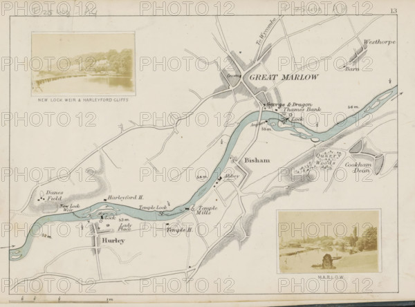 Marlow, View of Marlow and the Thames, photograph, page, photographer: Henry W. Taunt, 1871, Buckinghamshire, paper, albumen print, albumendruk, height 32 mm x width 51 mm, river, Thames, A portion of a drawn map showing a winding river colored in pale blue with shaded islands and banks, surrounding areas with hatched terrain and clustered short strokes indicating wooded or hilly areas, thin black lines for roads and pathways connecting small blocks and geometric shapes representing buildings, rectangular framed sepia photographs inset on the page showing riverside scenes with trees and a weir, small crosses and symbols marking points on the map, scattered tiny dots and stippling for texture, and a simple border around the map.