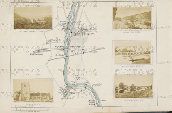 View at Ray Mead, View of the Thames at Ray Mead, photograph, page, photographer: Henry W. Taunt, Berkshire, 1871, paper, albumen print, albumendruk, height 31 mm x width 53 mm, river, Thames, A vertical map of a river winding from top to bottom with shaded banks and small islands, flanked by several sepia photographic insets showing landscapes and buildings; the river is highlighted in a pale blue wash and crossed by a rail line and a road bridge, with surrounding hatched terrain, plotted pathways, and small building footprints.