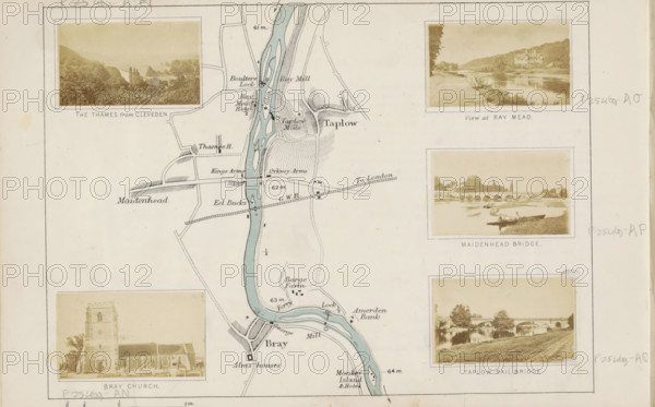 View of a bridge over the Thames in Maidenhead, Maidenhead bridge, photograph, page, photographer: Henry W. Taunt, Maidenhead, 1871, Berkshire, paper, albumen print, albumendruk, height 31 mm x width 51 mm, river, bridge in city across river, canal, Thames, A vertical printed sheet showing a winding river colored pale blue flowing through a mapped landscape with roads and shaded hill textures, framed by rectangular sepia photographic vignettes at the edges; the photos depict countryside river views, a stone church, and arched bridges with grassy riverbanks and small boats, all mounted on the map with simple thin borders and surrounded by wide blank margins.