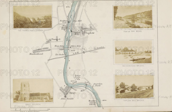 Taplow rail bridge, View of a railway bridge over the Thames at Taplow, photograph, page, photographer: Henry W. Taunt, Taplow, 1871, Buckinghamshire, paper, albumen print, height 31 mm x width 52 mm, river, bridge, Thames, A pale map segment with a winding river shaded in blue running vertically through the center, surrounded by lightly drawn roads, fields, and small clusters of buildings, with several small sepia photographic vignettes positioned around the map showing river scenes, bridges, a church tower, and riverside buildings; the page has a thin dark border and faint pencil marks along the edges, and the map area includes varied hatched shading indicating terrain and small rectangular blocks representing structures.