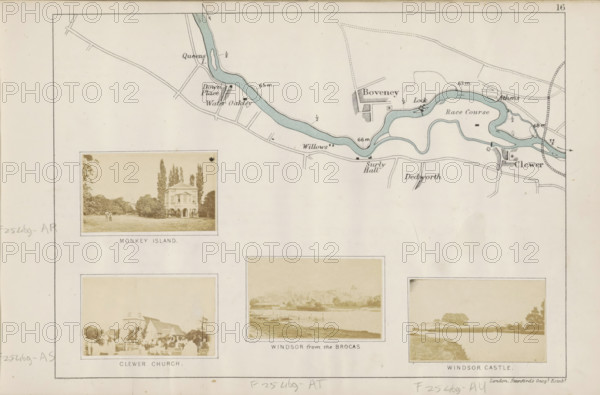 View of a church in Clewer, Clewer church, photograph, page, photographer: Henry W. Taunt, Clewer, publisher: Edward Stanford, London, 1871, Berkshire, paper, albumen print, albumendruk, height 31 mm x width 52 mm, church (exterior), A rectangular page showing a detailed drawn map along the top edge with a pale blue winding river and thin black roads and shaded building blocks, and several sepia-toned photographic prints mounted below the map, each within a thin rectangular border; the top-left print depicts a lawn with trees and a two-story classical building, the lower-left print shows a church and graveyard with trees, the center print shows a riverside view with buildings on the far bank, and the lower-right print shows a riverscape with a distant castle silhouette and surrounding trees, all arranged on a cream background with faint pencil marks near the margins.