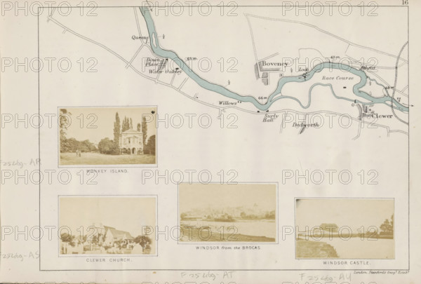 View of Windsor across the Thames, Windsor from the Brocas, photograph, page, photographer: Henry W. Taunt, Windsor, publisher: Edward Stanford, London, 1871, Berkshire, paper, albumen print, albumendruk, height 32 mm x width 52 mm, river, Thames, A pale map and photographic collage on a cream background showing a meandering blue river with surrounding thin black roads and small shaded blocks, an inset rectangular sepia photograph of a two-story building with arched ground openings and tall trees on a lawn, three other rectangular sepia photographs of a churchyard, a riverside view with boats and a low distant skyline, and a distant castle-like silhouette, thin border lines framing the composition, and small handwritten pencil marks along the outer margins.