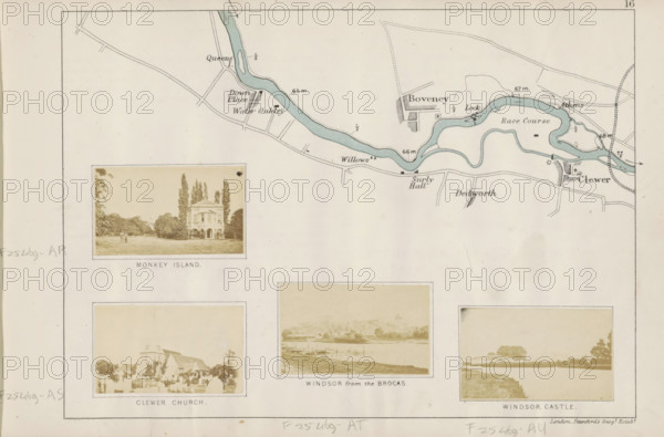 Windsor Castle, View of probably Windsor Castle, photograph, page, photographer: Henry W. Taunt, Windsor, publisher: Edward Stanford, London, 1871, Berkshire, paper, albumen print, height 32 mm x width 53 mm, river, castle, Thames, A pale rectangular page contains a detailed map across the top showing a winding blue river with adjacent shaded banks and thin gray road lines, small hatched blocks, and various short straight lines radiating from the roads; below the map are four sepia photographs framed with thin borders, the upper left photo shows a lawn with trees and a two-story building with arched ground openings and tall narrow trees behind it, the upper right area is mostly blank, the lower left photo shows a churchyard scene with a building and a crowd of people, the lower center photo depicts a riverside view with a stretch of water and distant shore, and the lower right photo shows a flat grassy foreground with distant trees and a low hill; the page is bordered by a thin outer l...