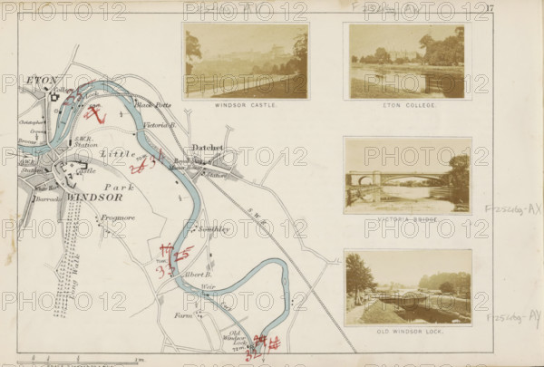 Windsor Castle, View of Windsor Castle, photograph, page, photographer: Henry W. Taunt, Windsor, 1871, Berkshire, paper, albumen print, height 31 mm x width 52 mm, castle, A faded printed map fragment shows a winding blue river flowing through labeled areas with roads, rail lines, and shaded parkland, with small red handwritten marks scattered along parts of the river and map; three sepia-toned rectangular photographs with white borders are arranged on the right side, each showing riverside scenes with trees, bridges, embankments, and distant buildings; the paper has a narrow printed border, faint pencil annotations at the top edge, and slight age discoloration and stains around the margins.