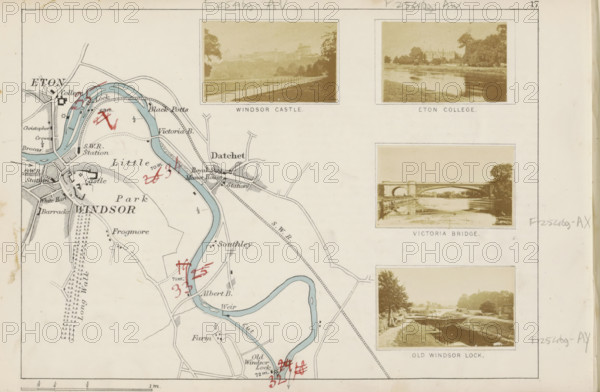View of Eton College and the Thames, Eton College, photograph, page, photographer: Henry W. Taunt, Eton, 1871, Buckinghamshire, paper, albumen print, height 31 mm x width 48 mm, river, university building, college, A faded printed map with a sinuous blue river cutting across a pale background, bordered by fine black lines indicating roads and paths and small square and rectangular blocks representing buildings, several areas shaded with dotted or hatched patterns, and red handwritten marks over portions of the map; along the right edge are four sepia-toned photographic inserts showing riverside scenes and a bridge, each set inside thin rectangular frames, and faint pencil annotations appear near the margins.