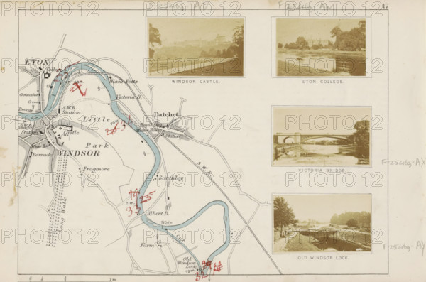 View of the Victoria Bridge at Datchet, Victoria Bridge, photograph, page, photographer: Henry W. Taunt, Datchet, 1871, Berkshire, paper, albumen print, height 32 mm x width 53 mm, river, bridge, Thames, A faded printed map showing a river winding through labeled areas with shaded blue water, printed black lines for roads and boundaries, scattered red handwritten marks, and small illustrated inset photographs framed with thin borders depicting a distant castle viewed across a fenced lawn, a riverside scene with trees and buildings, an arched bridge over water with reflections, and a towpath and lock with boats; the map includes printed place names and small symbols, textured shading for parkland and tree rows, and a pale beige paper background with a thin ruled border.