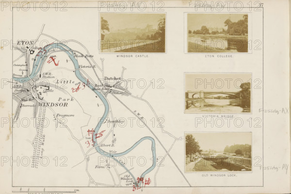 View of the Old Windsor Lock, a lock in the Thames, Old Windsor Lock, photograph, page, photographer: Henry W. Taunt, 1871, Berkshire, paper, albumen print, albumendruk, height 31 mm x width 54 mm, river, sluice, weir, Thames, A section of a printed map with a pale background showing a winding river highlighted in blue and surrounding land areas rendered in light beige and black linework, with a series of small sepia photographic vignettes aligned along the right side depicting landscapes, a bridge, and a waterside lock; the map includes drawn roads, rail lines, tree symbols, dotted patterns, and handwritten red ink markings scattered over the map area, and the sheet shows printed frame lines and light foxing or age spots near the edges.