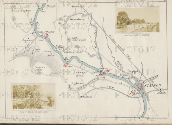 The picnic, Ankerwycke, View of a park on the Thames, photograph, photographer: Henry W. Taunt, Berkshire, publisher: Edward Stanford, London, 1871, paper, albumen print, albumendruk, height 30 mm x width 54mm, river, public gardens, park, Thames, A faded printed map showing a winding pale blue river flowing across a light beige background with thin black lines indicating roads and boundaries, shaded hatch marks indicating hills and fields, small black rectangular and square symbols scattered near the river, and several handwritten red ink markings over parts of the map. There are two sepia photographic inserts: one near the top right depicting a riverside scene with trees, a grassy bank, a path and a small building in the distance, and another near the lower left showing a waterside view with trees and a small house reflected in the water. The map has a narrow black border and areas of light discoloration and spotting on the paper.