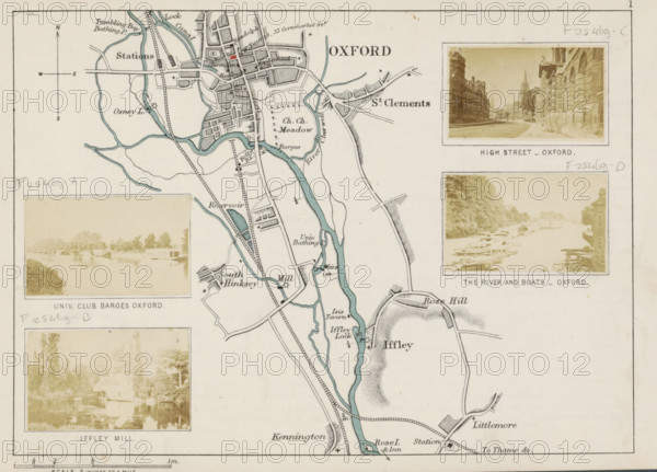 View of a mill on the Thames at Iffley, Iffley Mill, photograph, page, photographer: Henry W. Taunt, England, 1871, paper, albumen print, height 32 mm x width 53 mm, watermill in landscape, Thames, A vintage map segment showing a winding river highlighted in blue with adjacent roads and shaded areas, small inset sepia photographs framed in rectangular boxes placed along the right and left margins, stylized topographical shading indicating elevation on a prominent hill, various building footprints and block patterns clustered near the river, fine lined rail tracks and bridges crossing the waterways, compass markings and scale lines near the edges, handwritten pencil notations in several places, and decorative border lines framing the sheet.