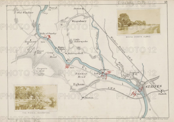 Magna Charta, Island, View of Magna Carta Island and the Thames, photograph, page, photographer: Henry W. Taunt, Magna Carta Island, publisher: Edward Stanford, London, 1871, Berkshire, paper, albumen print, height 31 mm x width 53 mm, river, Thames, A faded paper map showing a winding blue river flowing across the page with surrounding pale beige land and black ink outlines for roads and fields, small shaded hills and textured areas indicating terrain, and scattered small black rectangular and square symbols representing buildings; there are red handwritten markings over parts of the map, two sepia photographic inserts framed with thin borders showing riverside scenes with trees and a small building, thin ruled borders around the map, and light smudges and age spots on the paper.