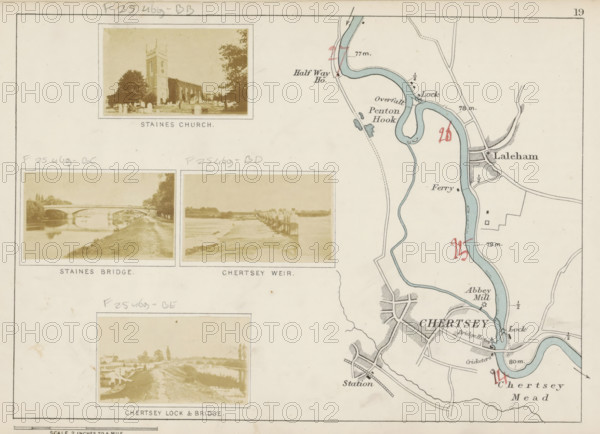 Chertsey weir, View of a weir in the Thames at Chertsey, photograph, page, photographer: Henry W. Taunt, Chertsey, 1871, Surrey, paper, albumen print, height 31 mm x width 53 mm, river, sluice, weir, Thames, A pale page divided into two vertical sections, the left side showing a grid of sepia photographic panels framed with thin borders, each panel containing scenes of buildings, bridges, riverbanks, and trees with faded contrast, while the right side displays a hand-drawn map with a winding blue river outlined in black, shaded areas indicating land features, handwritten red annotations, small black squares and dots marking structures, curving roads and pathways, and a network of fine black lines suggesting urban layouts, all set against an aged off-white background.