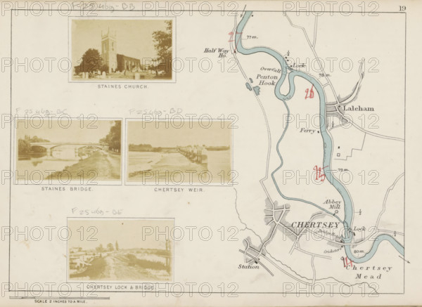 View of a lock and a bridge over the Thames at Chertsey, Chertsey lock and bridge, photograph, page, photographer: Henry W. Taunt, Chertsey, 1871, Surrey, paper, albumen print, height 31 mm x width 54 mm, river, bridge, sluice, weir, Thames, A pale paper map and photographic montage showing three sepia photographs in rectangular frames on the left and a winding blue river and adjacent roads and town layout on the right, the top photograph depicts a church with a square tower, a tree beside it and gravestones in front, the middle left photograph shows a stone bridge over calm water with a riverside path and trees, the middle right photograph shows a weir with wooden posts extending into flowing water, the lower framed photograph shows a riverside scene with boats on the bank and buildings beyond, the right side displays a curving river colored blue with meanders and small hand-drawn annotations and red handwritten marks, surrounding streets, blocks and a station symbol with rail lines a...