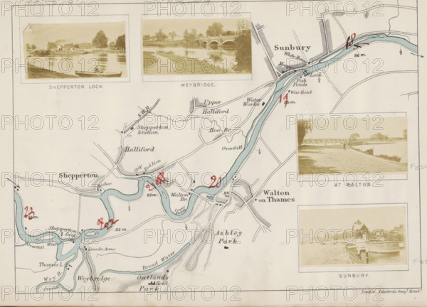 Shepperton lock, View of a lock in the Thames at Shepperton, photograph, page, photographer: Henry W. Taunt, Shepperton, publisher: Edward Stanford, London, 1871, Surrey, paper, albumen print, height 28 mm x width 50 mm, river, sluice, weir, Thames, A pale, aged map with a winding blue river and surrounding tan land, showing shaded banks, bridges, and looping channels; three small sepia photographic inserts depict riverside scenes with grassy banks, boats, and trees, each mounted with white borders; scattered red handwritten marks appear over parts of the map; fine black printed lines and shaded areas indicate roads, pathways, and built-up areas; the paper has a narrow dark border and a slightly yellowed background with small spots and faint creases.
