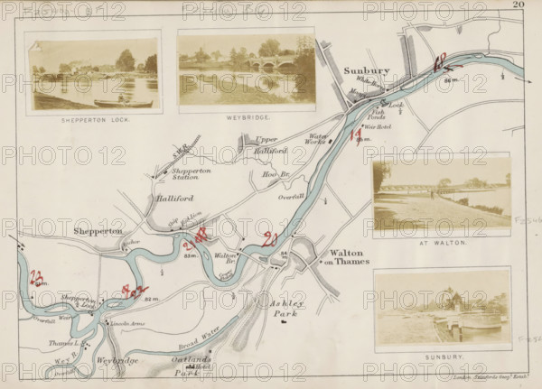 View of a bridge over the Thames in Weybridge, Weybridge, photograph, page, photographer: Henry W. Taunt, publisher: Edward Stanford, London, 1871, Surrey, paper, albumen print, albumendruk, height 28 mm x width 55 mm, river, bridge, Thames, A pale map showing a winding blue river with dark outlines and shaded banks flowing through light beige land, with small red handwritten marks over parts of the river and near bends, and areas of crosshatched shading indicating built or wooded sections; three sepia photographs are pasted onto the map, each with light borders and depicting riverside scenes with grassy banks, trees, bridges, boats, and a person standing by the water in one image; there are thin black lines indicating roads and paths, small black blocks and triangular shapes suggesting buildings, and fine contour-like shading for fields and parkland, all set against an off-white paper background with a narrow printed border.