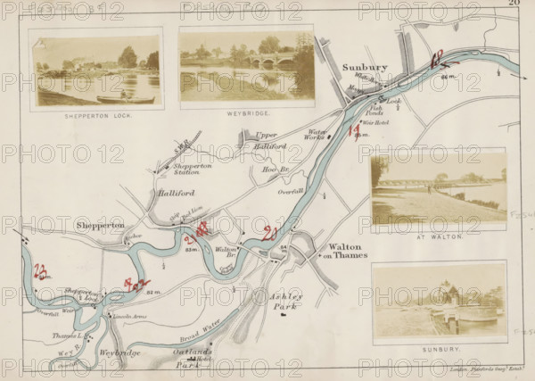View of a lock in the Thames at Sunbury, Sunbury, photograph, page, photographer: Henry W. Taunt, publisher: Edward Stanford, London, 1871, paper, albumen print, albumendruk, height 29 mm x width 53mm, river, sluice, weir, Thames, A map segment showing a winding river colored in pale blue with surrounding land areas in cream, overlaid with small sepia photographic prints placed near the river; one photo shows a boat on calm water with trees and buildings in the background, another shows a path beside the river with a bridge visible in the distance and a person standing on the riverbank, and another shows a riverside scene with a lock structure and buildings nearby; the map includes thin black lines denoting roads and railways, shaded hatch patterns for built areas, handwritten red ink markings at several river points, and scattered small black map symbols and labels rendered in dark ink.