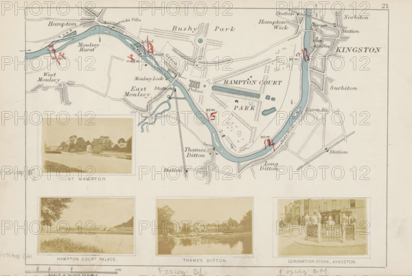 View of the Thames at Hampton, At Hampton, photograph, page, photographer: Henry W. Taunt, Hampton (Richmond upon Thames), 1871, Richmond upon Thames, paper, albumen print, height 31 mm x width 50 mm, river, Thames, A sheet shows a stylized map with a winding river colored pale blue, surrounding parkland and built areas rendered in light beige and grey, with dotted tree symbols and small rectangular building blocks; red handwritten marks and circles appear at several river locations, and thin black lines indicate roads and railways with small rectangular stations; a photographic inset at the left depicts a riverside scene with trees and a domed building reflected in calm water, and two additional photographic insets below show a grassy bank and distant buildings by water on the left and a street scene with a small fenced monument and buildings on the right, all three photos presented with pale sepia tones and white borders.