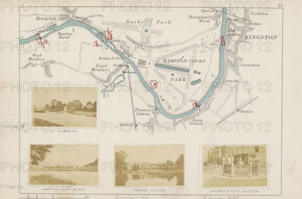 Hampton Court Palace, View of Hampton Court Palace across the Thames, photograph, page, photographer: Henry W. Taunt, Surrey, 1871, paper, albumen print, height 31 mm x width 53 mm, river, palace, Thames, Richmond upon Thames, Hampton (Richmond upon Thames), A faded printed map showing a river winding through labeled areas with shaded parkland and scattered trees, overlaid with small red handwritten marks; inset photographic sepia images below depicting riverside views with trees and buildings and a street corner with an ornamental stone and iron railings; thin black border lines and faint handwritten pencil marks along the page edges.