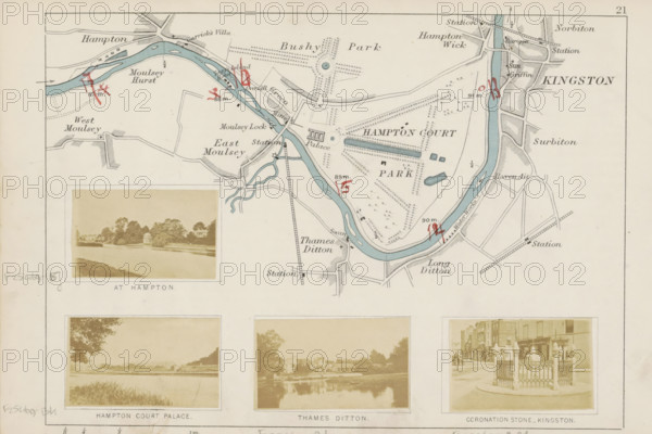 Thames Ditton, View of Thames Ditton, photograph, page, photographer: Henry W. Taunt, 1871, Surrey, paper, albumen print, albumendruk, height 31 mm x width 53 mm, river, Thames, A rectangular sheet showing an upper map of a river and surrounding land with colored waterways, hatched parkland, small building blocks, and red handwritten marks, and a lower strip containing three sepia photographic prints set in pale frames depicting a riverside scene with trees and a domed garden structure, a wide grassy riverbank view with trees, and a street corner with a fenced stone monument and shopfronts, all mounted on a pale background with faint pencil annotations at the margins.
