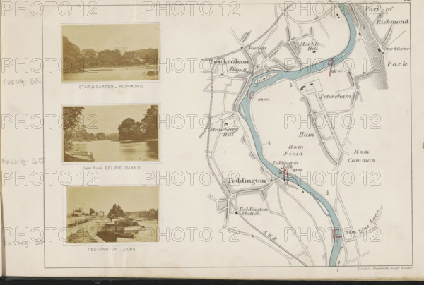 View across the Thames and the Royal Star and Garter Home in Richmond, Star and Garter, Richmond, photograph, page, photographer: Henry W. Taunt, Richmond upon Thames, publisher: Edward Stanford, London, 1871, paper, albumen print, height 31 mm x width 54 mm, river, rural housing, eg country-house, villa, cottage, Thames, The image shows a section of a printed map on the right with a pale blue river meandering vertically and black outlined streets, fields, and small building shapes on a cream background, with some red handwritten marks along the river; the left side displays three sepia-toned rectangular photographs stacked vertically each framed with thin white borders, depicting river scenes with trees, banks, boats, and docks, all mounted on the same cream paper with visible penciled marks along the left margin and a thin printed border around the page.