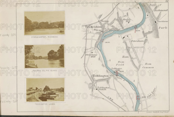 View from Eel Pie Island in the Thames, View from Eel Pie Island, photograph, page, photographer: Henry W. Taunt, Eel Pie Island, publisher: Edward Stanford, London, 1871, Richmond upon Thames, paper, albumen print, height 31 mm x width 53 mm, island, river, Thames, A pale map page shows a vertical strip of three sepia photographic vignettes on the left and a detailed river map on the right, with the river colored pale blue and winding from top to bottom; the photos depict riverside scenes with trees, banks, boats, a lock, and buildings, each framed by white borders and mounted against a cream background; the map area includes roads, fields, small building footprints, shaded hill textures, railway lines, and several hand-drawn markings in red and black, with fine inked outlines and hatched shading, and the whole composition is enclosed by a thin rectangular border.