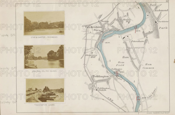 Teddington locks, View of a lock in the Thames at Teddington, photograph, page, photographer: Henry W. Taunt, Teddington, publisher: Edward Stanford, London, 1871, Richmond upon Thames, paper, albumen print, height 31 mm x width 50 mm, river, sluice, weir, Thames, A sheet showing a vertical layout with three sepia-toned photographs on the left depicting river scenes with trees, banks, and small boats, each photo framed with a thin border, alongside a detailed black-and-blue line map on the right illustrating a winding river, surrounding roads, fields, and built-up areas with small blocks and hatch shading, red markings on parts of the river, and rail lines and station symbols; the sheet has a light beige background with a thin outer border and faint handwritten pencil notes visible in the left margin.