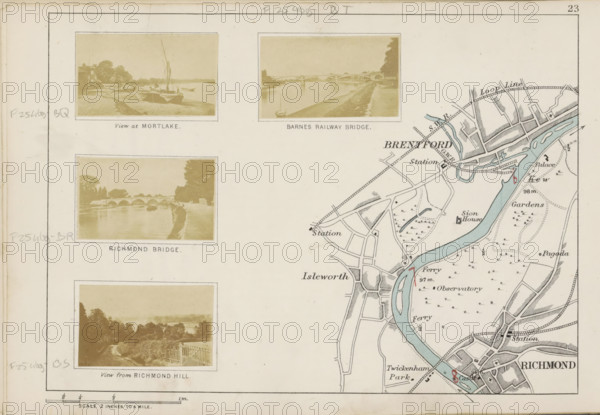 View from Richmond Hill, photograph, page, photographer: Henry W. Taunt, Richmond Hill, 1871, Richmond (Surrey), paper, albumen print, height 31 mm x width 50 mm, (high) hill, A pale page divided into two sections with small sepia photographs on the left and a detailed map on the right, the left side showing several rectangular vintage river scenes with boats, bridges, riverbanks, trees, and pathways framed by thin borders, and a larger rectangular riverbank view at the bottom featuring a winding path, hedges, and distant trees; the right side depicting a stylized map with a curving blue river, numerous roads, plotted parcels, clusters of small tree symbols, and rail lines, all drawn in fine black lines with occasional colored accents, and the whole sheet bordered by a narrow printed margin.