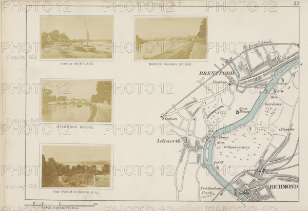 Barnes railway bridge, View of a railway bridge over the Thames at Barnes, photograph, page, photographer: Henry W. Taunt, Barnes (United Kingdom), 1871, paper, albumen print, height 31 mm x width 54 mm, river, bridge, Thames, A pale cream page with several small sepia photographic vignettes framed by thin rectangular borders down the left side and a detailed black and light blue map of a river and surrounding streets occupying the right side, the photographs showing riverside scenes with boats, bridges, trees and pathways, and the map depicting curving waterways shaded in pale blue, roads and plots outlined in black, small icons indicating buildings and features, and a few hand-drawn pencil notations and faint smudges near the page margins.
