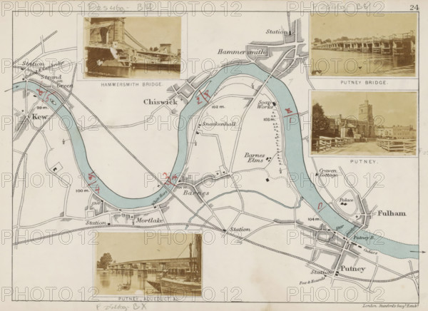 Hammersmith Bridge, View of the Hammersmith Bridge in London, photograph, page, photographer: Henry W. Taunt, London, publisher: Edward Stanford, 1871, paper, albumen print, albumendruk, height 31 mm x width 48 mm, river, bridge in city across river, canal, Thames, A printed map fragment showing a curving river shaded pale blue with surrounding roads and parcels outlined in black, handwritten red marks on and near the river, and small architectural sketches of bridges and a waterfront scene placed above and beside the map; the map area includes blocks of buildings, pathways, and labels omitted from description, and photographic vignettes with sepia tones showing bridge structures and a building with a tower, all mounted within rectangular frames on the map background.