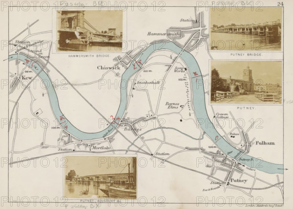 View of the Putney Bridge over the Thames in London, Putney Bridge, photograph, page, photographer: Henry W. Taunt, London, publisher: Edward Stanford, 1871, paper, albumen print, albumendruk, height 31 mm x width 53 mm, river, bridge in city across river, canal, Thames, A printed map fragment showing a curved river colored pale blue winding through a light background of streets and blocks, with thin black lines denoting roads and rail lines and small black shapes marking buildings; three sepia photographic inset images with pale borders are placed near the top and bottom edges, each showing bridge and riverside scenes with wooden and stone structures and moored boats; handwritten red ink marks and small pencil annotations appear on the map surface; small compass-like ticks and measured markers are drawn along the riverbanks; clusters of trees and small rectangular parcels indicate open spaces and built areas; a decorative thin border frames the sheet.