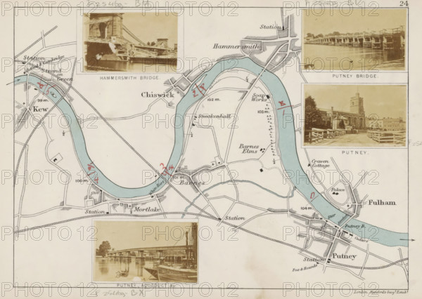 Putney, View of Putney, photograph, page, photographer: Henry W. Taunt, publisher: Edward Stanford, London, 1871, paper, albumen print, albumendruk, height 31 mm x width 52 mm, A faded printed map fragment showing a sinuous river colored pale blue with surrounding roads and parcel lines in black, small handwritten red marks at several points along the river, and pale beige photographic inset images of bridges and riverside scenes placed near the top and bottom edges; the map includes printed place names and small typographic labels in dark ink, dashed and solid lines denoting routes, scattered small black square and cross symbols, and areas shaded with thin hatch marks, all on an off-white background with a narrow printed border.