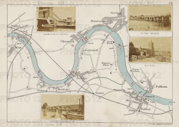 View of an aqueduct over the Thames at Putney, Putney aqueduct, photograph, page, photographer: Henry W. Taunt, Putney, publisher: Edward Stanford, London, 1871, paper, albumen print, albumendruk, height 31 mm x width 53 mm, river, aqueduct (, water supply), Thames, A printed map segment showing a winding river colored pale blue with surrounding roads and plotted areas in black and white, red handwritten marks on the river and nearby, and several photographic inserts with sepia-toned images of bridges and riverside scenes framed by white borders.