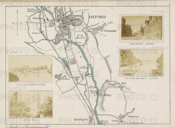 View of High Street in Oxford, High Street, Oxford, photograph, page, photographer: Henry W. Taunt, 1871, paper, albumen print, albumendruk, height 31 mm x width 51 mm, street, A vintage map segment with pale beige background showing a winding river highlighted in muted blue, adjacent land areas outlined in fine black lines and shaded hatching, and a network of roads and rail lines depicted as thin solid and dashed lines; inset rectangular sepia photographs are placed at the top right and left and lower left, each framed with narrow borders and showing streets, boats on water, and riverside scenes; architectural details of buildings, bridges, and a spire appear near the riverbanks on the map, along with small icons for mills and locks and clusters of trees rendered as stippled foliage; a compass rose appears near the upper left with directional arms, and handwritten pencil annotations are visible in several margins; decorative border lines enclose the map.