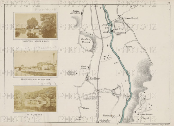 Sandford lasher and pool, View of a weir at Sandford, photograph, page, photographer: Henry W. Taunt, Sandford-on-Thames, 1871, Oxfordshire, paper, albumen print, albumendruk, height 31 mm x width 51 mm, sluice, weir, Thames, A portion of a printed map page with a pale background showing a vertical river colored pale blue running near the right edge and curving through the scene, flanked by thin black lines and small drawn features indicating terrain and structures; along the left side of the map are three sepia photographic inserts, each rectangular with a white border and showing landscape scenes with trees, water reflections, a bridge, and a mill building with a tall chimney, positioned one above the other; the map area includes hand-drawn roads, small building symbols, shaded hill textures, and a thin double-ruled border around the page.