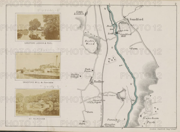 View of a watermill at Sandford-on-Thames, Sandford mill, photograph, page, photographer: Henry W. Taunt, Sandford-on-Thames, 1871, Oxfordshire, paper, albumen print, albumendruk, height 31 mm x width 52 mm, watermill in landscape, Thames, The image shows a portion of a printed page with a vertical layout containing three sepia photographic vignettes on the left and a detailed black-and-white map on the right; the top vignette depicts a riverside scene with trees reflected in calm water and a low stone structure at the bank, the middle vignette shows a riverside mill complex with buildings and a tall chimney beside a bridge and water, and the bottom vignette features a small ornate bridge spanning a reflective river with trees on the far bank; the map at right includes a winding blue river, hand-drawn roads and paths, small clusters of buildings, shaded contours indicating hills, and various small map symbols and pictorial elements.