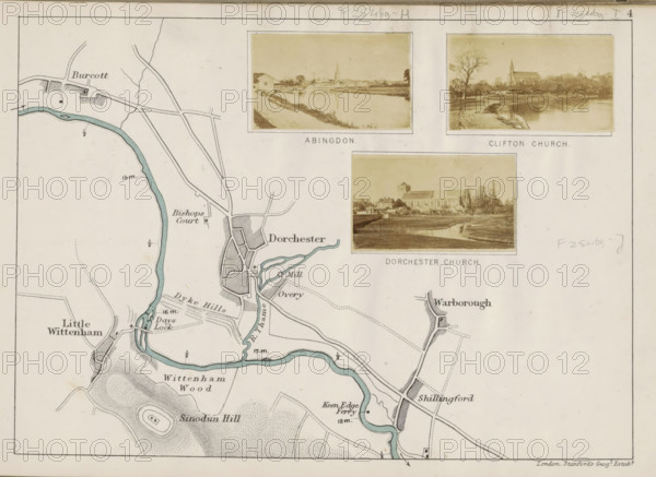 View of Abingdon across the Thames, Abingdon, photograph, page, photographer: Henry W. Taunt, 1871, Oxfordshire, paper, albumen print, albumendruk, height 31 mm x width 52 mm, river, city-view, and landscape with man-made constructions, Thames, A section of a printed map showing a winding river shaded in blue, contour shading indicating hills and wooded areas, and a network of roads and small built-up areas depicted with hatched blocks; three rectangular sepia-toned photographic inserts with thin borders are positioned near the top, each showing riverside scenes with buildings and trees, and one showing a church with a spire; map features include small bridges, a mill structure, fenced fields, and varied terrain shading, with pencil annotations and light aging marks visible on the paper.