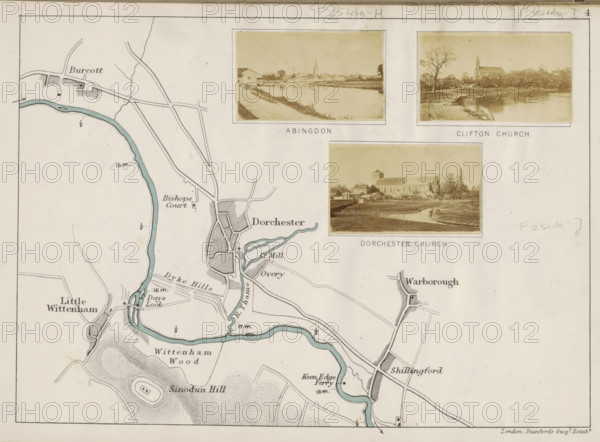 View of a church, probably on the Thames, Clifton church, photograph, page, photographer: Henry W. Taunt, England, 1871, paper, albumen print, albumendruk, height 32 mm x width 54 mm, river, Thames, A section of a printed map showing a winding river highlighted in pale blue, adjacent shaded and hatched areas indicating towns and roads, contour shading representing hills and woodlands, and three sepia photographic inserts framed with white borders positioned near the top edge depicting riverside views and church buildings; the map uses thin black lines for roads and boundaries, small schematic blocks for buildings, and light printed annotations placed near features, with a narrow decorative border around the sheet.