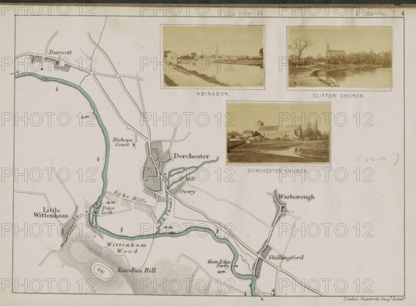 View of a church in Dorchester, Dorchester church, photograph, page, photographer: Henry W. Taunt, Dorchester (Dorset), 1871, paper, albumen print, height 32 mm x width 53 mm, river, church (exterior), Thames, A section of a printed map showing a winding river shaded in pale blue, surrounding terrain with contour-like hatching, roads and bridges drawn as thin lines, and shaded town areas with grid patterns. Three small sepia photographic views are inset near the top: two aligned across the top and one below them, each framed with a thin border and showing buildings and river scenes. Handwritten pencil markings appear near the right edge and top margin. The map area includes wooded textures, field patterns, and small symbols indicating structures and crossings. The paper shows slight discoloration and age spots around the edges.