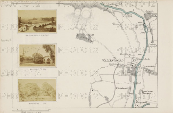 View of a bridge over the Thames at Shillingford, Shillingford bridge, photograph, page, photographer: Henry W. Taunt, Shillingford, 1871, Oxfordshire, paper, albumen print, height 31 mm x width 53 mm, bridge, Thames, A pale map fragment with printed photographic insets along the left edge and a detailed map area on the right, the left column showing three rectangular sepia photographs each bordered by thin lines and mounted on a cream background, the top photograph depicting a stone arched bridge over a river with a building nearby and open fields beyond, the middle photograph showing a riverside scene with a church spire rising behind trees and an arched bridge in the foreground, and the lower photograph showing a tree-filled pastoral view, the right side dominated by a narrow river colored a pale blue winding vertically with adjacent shaded and hatched land features, roads and dotted routes radiating from a clustered town area with small rectangular and square building shapes and pa...