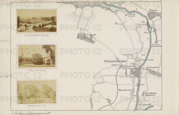 Wallingford, View of a bridge and a church in Wallingford, photograph, page, photographer: Henry W. Taunt, 1871, Oxfordshire, paper, albumen print, albumendruk, height 31 mm x width 51 mm, river, city-view, and landscape with man-made constructions, bridge in city across river, canal, Thames, A pale, aged map fragment occupies the right side with a sinuous blue river running vertically and adjoining shaded blocks, curving roads, dotted pathways, and stylized terrain markings; small rectangular and square shapes suggest buildings and fields, and thin black lines indicate rail or road routes. The left side shows three sepia-toned photographic panels bordered in white, each depicting landscape scenes with trees, stone bridges, water, and buildings, arranged vertically with empty margin space around them. The page background is a faded off-white with faint pencil scribbles along the margins and a thin printed border framing the whole sheet.