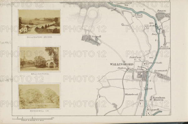 View of presumably a park in Mongewell, Mongewell Ch, photograph, page, photographer: Henry W. Taunt, Mongewell, 1871, Oxfordshire, paper, albumen print, height 31 mm x width 52 mm, river, park, Thames, A section of a printed map and three inset sepia-toned photographs are visible on a light background. The map portion shows a pale blue river running vertically with surrounding roads, shaded areas indicating built-up places, and dotted contour-like hatch marks in some fields; thin black lines depict roads and boundaries, and small rectangular and square building symbols are scattered near the river and roads. The left side contains three rectangular photo frames stacked vertically, each with a thin border and sepia images: the top photograph shows a multi-arched stone bridge crossing a river with grassy banks and distant trees; the middle photograph shows a riverside scene with an arched bridge, trees, and a church steeple rising behind foliage; the bottom photograph shows a wooded lan...