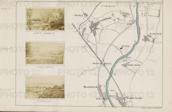 View of the Thames at Cleeve, Cleve _ overfall at, photograph, page, photographer: Henry W. Taunt, Oxfordshire, 1871, paper, albumen print, albumendruk, height 30 mm x width 52 mm, river, Thames, The image shows a section of a map on the right with a pale blue winding river, thin black roads and rail lines, hatched building plots, and various small rectangular and square structures, alongside shaded fields and dotted boundary lines; on the left are three sepia-toned landscape photographs each framed with white borders and mounted vertically, depicting tree-lined riverside scenes and grassy foregrounds with distant treed horizons; the whole composition is set on an off-white background with a simple thin border around the page.
