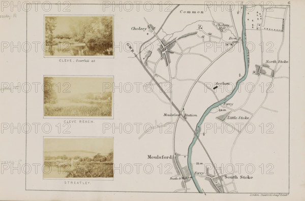 Cleve reach, View of the Thames at Cleeve, photograph, page, photographer: Henry W. Taunt, Oxfordshire, 1871, paper, albumen print, albumendruk, height 30 mm x width 53 mm, river, Thames, A pale cream page showing a partial printed map on the right with a sinuous blue river, thin black roads and field boundaries, small shaded building footprints and hatched areas, and three small sepia landscape photographs mounted in rectangular frames along the left edge, each photograph depicting tree-lined river scenes with reflections and grassy banks, all set within thin pale borders and surrounded by blank margins.