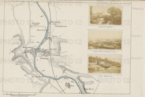 Goring church, View of a church in Goring-on-Thames, photograph, page, photographer: Henry W. Taunt, Goring-on-Thames, 1871, Oxfordshire, paper, albumen print, albumendruk, height 30 mm x width 51 mm, river, church (exterior), Thames, A section of a map with a sinuous blue river running vertically and bordered by shaded contour lines indicating hills, roads and pathways drawn as thin lines, and small rectangular and cross-shaped building symbols; a narrow vertical strip on the right contains three sepia photographic panels showing landscapes with trees, buildings near water, and rolling fields, each photo framed and mounted on a pale background; the map area includes scattered clusters of trees, a church-like building symbol, a railway line running parallel to the river, locks and ferry markings illustrated near the water, small parcels of cultivated land, and hand-drawn shading to show terrain; the overall sheet has a thin border and a small scale bar along the bottom edge.