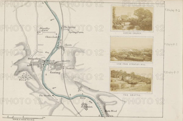 View from Streatley Hill, photograph, page, photographer: Henry W. Taunt, Streatley, 1871, Berkshire, paper, albumen print, albumendruk, height 30 mm x width 53 mm, river, (high) hill, Thames, A portion of a printed map showing a winding river highlighted in pale blue running vertically with surrounding contour shading and drawn roads, bridges, and small building outlines on a light beige background; the left side includes shaded hill textures and wooded areas while the right side has three sepia photographic prints framed with pale borders depicting landscape scenes with trees, water, and buildings stacked vertically, separated by thin ruled lines; narrow margins surround the whole sheet with faint handwritten markings in the right margin.