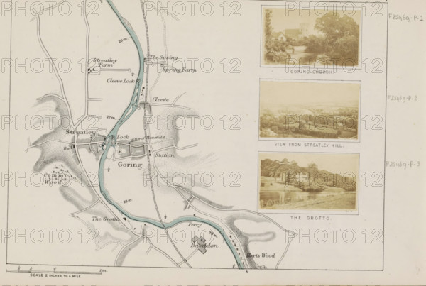 View from Streatley Hill, View of a folly in a park near Goring-on-Thames, photograph, page, photographer: Henry W. Taunt, Goring-on-Thames, 1871, Oxfordshire, paper, albumen print, albumendruk, height 30 mm x width 53 mm, river, architectural folly, Thames, A pale printed map showing a winding blue river bordered by shaded hilly terrain and thin black roads, with small rectangular building shapes and various dashed paths; three sepia photographic inserts aligned vertically on the right depict a church by trees beside water, a wide elevated rural view of fields and distant trees, and a riverside house with trees and lawn; the map area includes contour-like hatch shading, small locks and bridges drawn on the river, a railroad line running roughly vertical, and a scale bar along the bottom.
