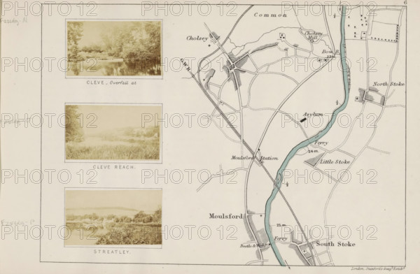 View of Streatley across the Thames, Streatley, photograph, page, photographer: Henry W. Taunt, 1871, Berkshire, paper, albumen print, height 30 mm x width 53 mm, river, Thames, A pale map with a vertical river shaded in blue runs near the right edge, bordered by thin outlined fields and dotted paths, with small shaded blocks indicating buildings and hatched areas suggesting land features; a diagonal rail line crosses the map and meets roads drawn as thin solid lines, and small rectangular photographs with light brown landscapes are aligned along the left side, each showing trees, grassy banks, and reflective water surfaces framed by thin borders.