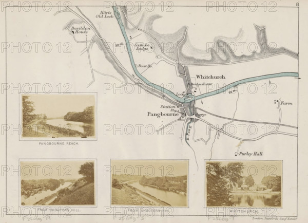 Pangbourne reach, View of the Thames at Pangbourne, photograph, page, photographer: Henry W. Taunt, Pangbourne, publisher: Edward Stanford, London, 1871, Berkshire, paper, albumen print, height 30 mm x width 50mm, river, Thames, A rectangular print showing the upper portion of a map with a winding pale blue river, surrounding shaded contour markings and roads, a small cluster of dark building shapes near a bridge and lock, and a boxed sepia photograph inset at the left depicting a riverside path lined with trees and a still water surface; below the map are three sepia landscape photographs side by side showing river views with banks, trees, paths and reflections, all images framed with thin borders on a light background.