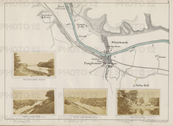 From Shooters Hill, View of the Thames from Shooters Hill, photograph, page, photographer: Henry W. Taunt, Shooters Hill, publisher: Edward Stanford, London, 1871, paper, albumen print, albumendruk, height 31 mm x width 51mm, river, Thames, A pale map and photographic montage on a single sheet, with a detailed drawn river winding across the upper right, shaded banks and surrounding contour lines, small square and rectangular building symbols clustered near a bridge and lock, thin curving roads and a railway line crossing the river, and blocks of shaded trees on the hills; three sepia landscape photographs framed with white borders occupy the lower half, showing river views with grassy banks, pathways, trees and distant hills, while the upper left contains a framed sepia photograph of a riverside path with a fence and trees.