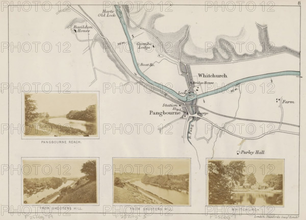 View of the Thames from Shooters Hill, From Shooters Hill, photograph, page, photographer: Henry W. Taunt, Shooters Hill, publisher: Edward Stanford, London, 1871, paper, albumen print, albumendruk, height 31 mm x width 52mm, river, Thames, A rectangular map and photograph layout on a light background showing a winding pale blue river crossing a central village area with bridges and adjacent roads, stylized contour shading for hills along the riverbanks, small solid black rectangles and squares indicating buildings, thin dark lines for railways and roads, and several framed sepia photographs beneath the map depicting riverside scenes with tree-lined banks, grassy paths, and reflections in water.